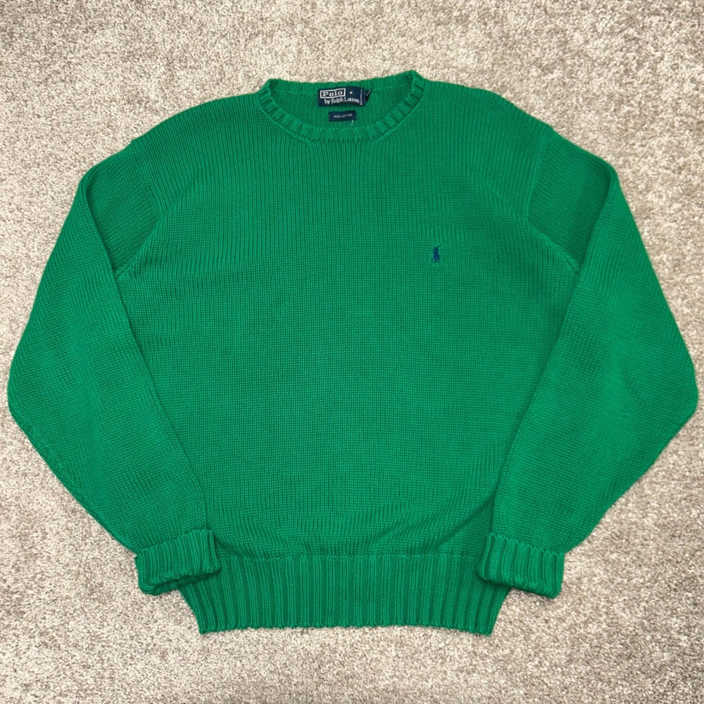 Vintage Polo Ralph Lauren Crewneck Sweater Men Size Large Green Cotton Hong Kong